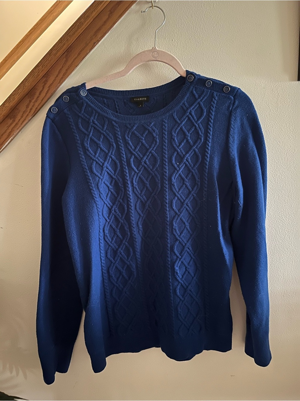 Talbots Blue Cable-Knit Button-Shoulder Sweater